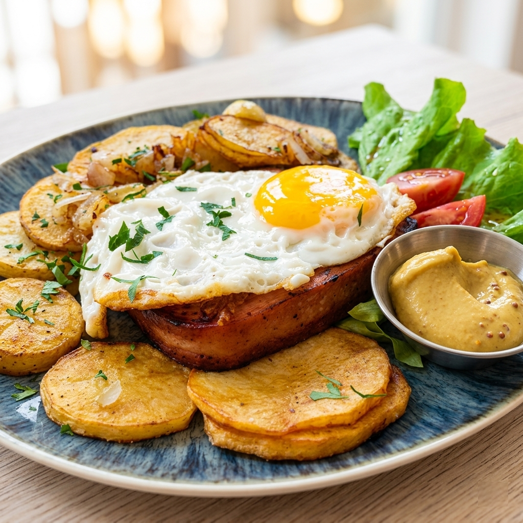Leberkäse mit Bratkartoffeln und Spiegelei