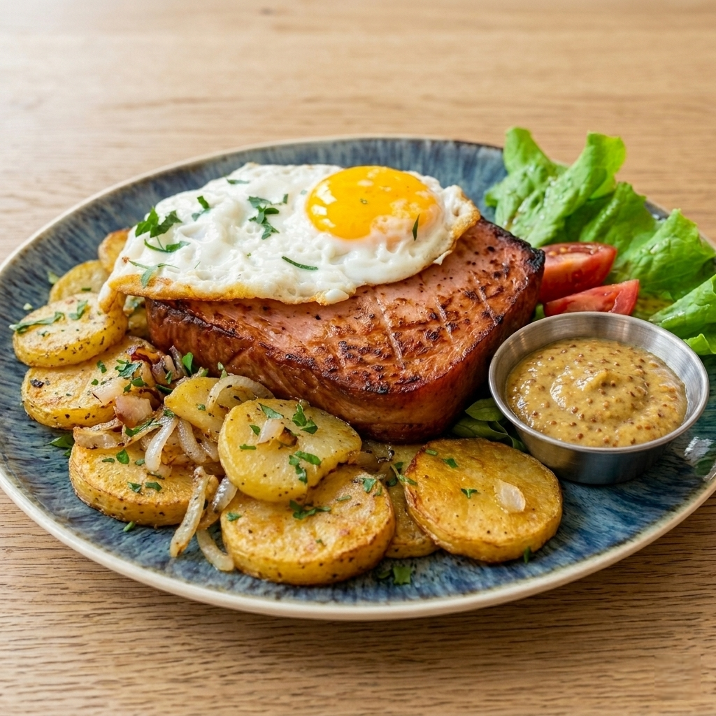 Leberkäse mit Bratkartoffeln und Spiegelei